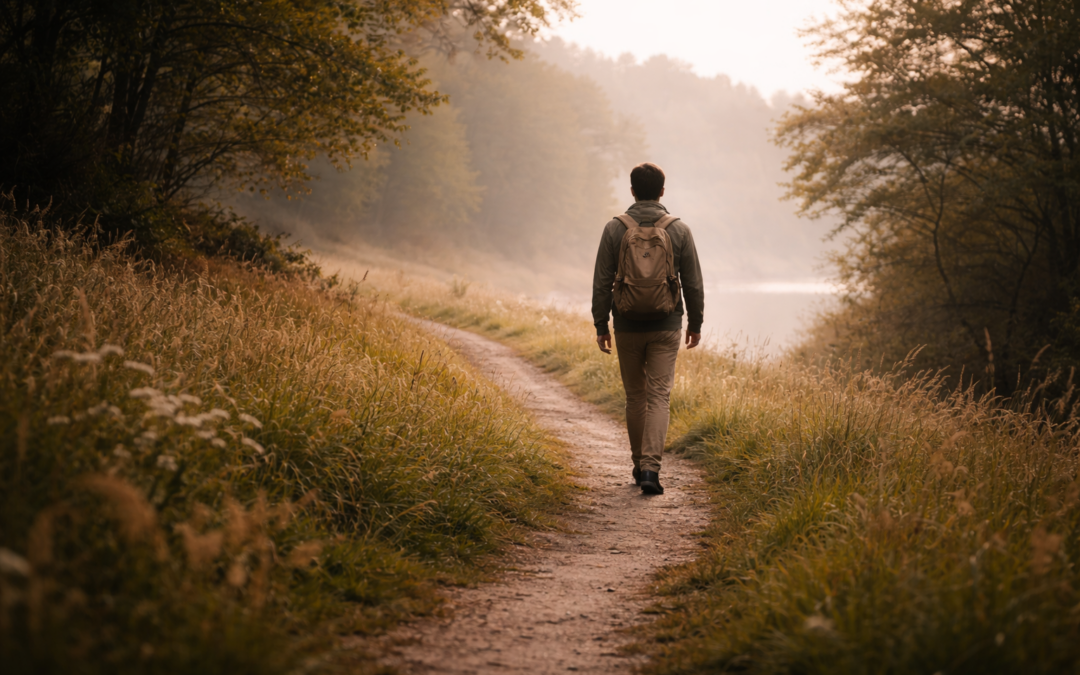 Personne marchant seule sur un chemin naturel, entourée de végétation, dans une lumière douce et brumeuse