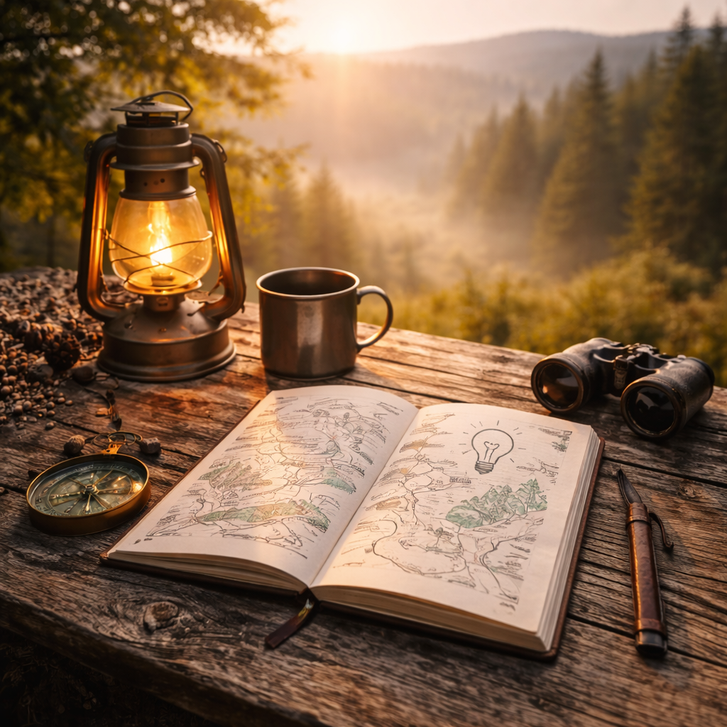 Voyage autoguidé inédit — Explorer sans cadre imposé Carnet ouvert, lanterne et objets de voyage posés sur une table en bois face à un paysage naturel.