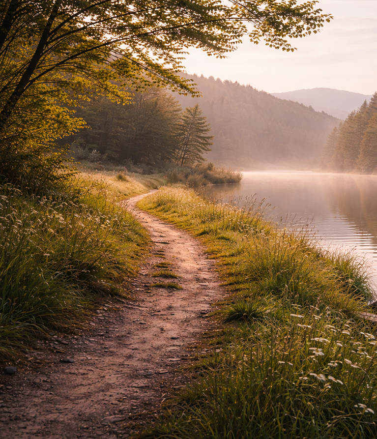 Chemin paisible longeant une étendue d’eau, entouré de nature, dans une atmosphère calme