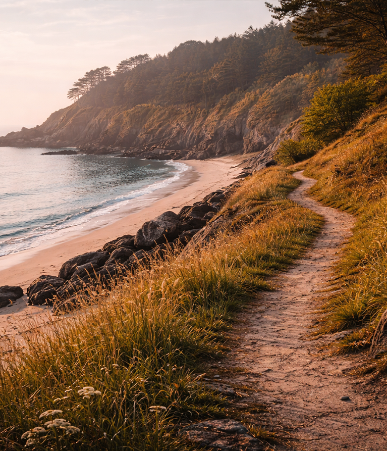 Sentier côtier longeant la mer, bordé de végétation, dans une lumière douce et naturelle