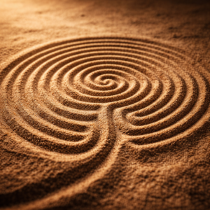 Chemin circulaire dessiné dans le sable, formant un motif méditatif.