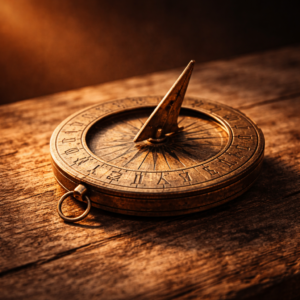 Cadran solaire ancien posé dans une lumière chaude et mystérieuse.