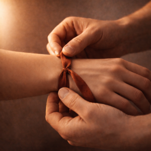 Deux mains nouant un ruban autour d’un poignet, geste doux et symbolique.