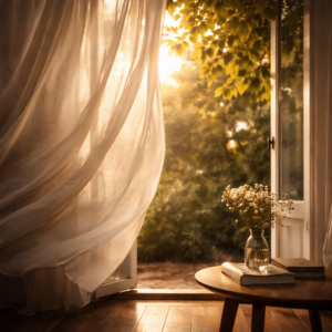 Rideau léger flottant près d’une fenêtre ouverte, traversé par une lumière douce.