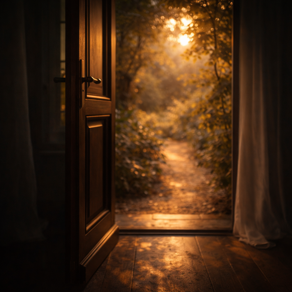 Porte entrouverte laissant passer une lumière dorée vers un espace intérieur.
