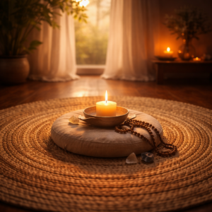 Bougie allumée au centre d’un cercle naturel, dans une ambiance chaleureuse.