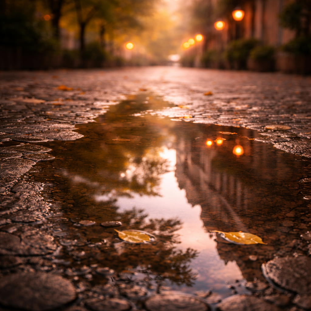 Micro-aventure consciente 24h Reflet d’une rue paisible dans une flaque d’eau, révélant un autre regard sur le quotidien.