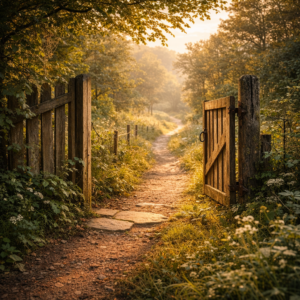 Sentier naturel s’ouvrant doucement à la lumière du matin, marquant le début d’un chemin.