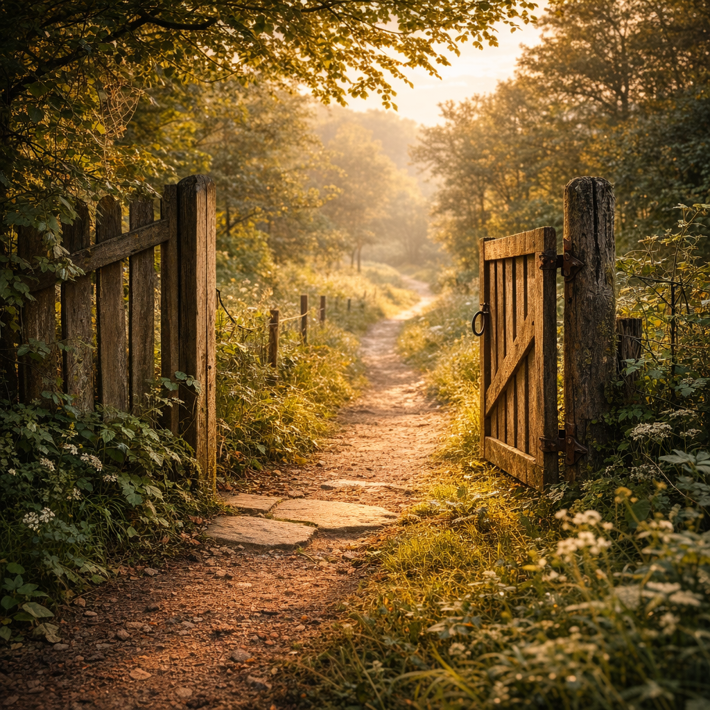 Voyage autoguidé 24h — L’amorce Sentier naturel s’ouvrant doucement à la lumière du matin, marquant le début d’un chemin.