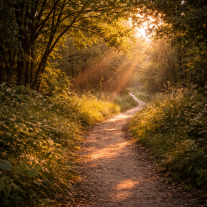 Sentier forestier formant une arche naturelle de feuillage, enveloppant le marcheur.
