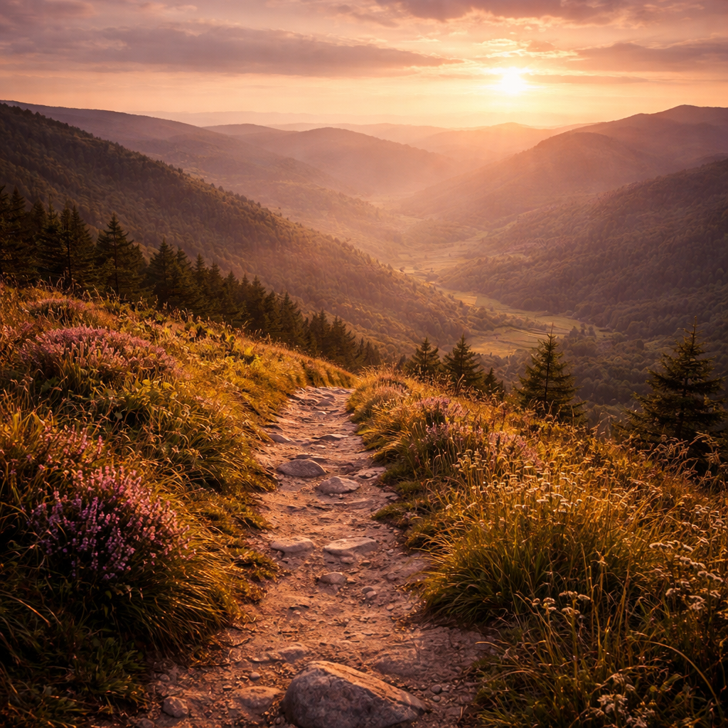 Voyage autoguidé 3 jours — Le basculement Chemin en hauteur surplombant une vallée lumineuse, ouvrant la perspective.