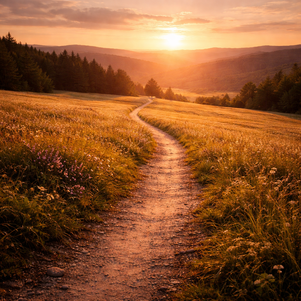 Voyage autoguidé 7 jours — L’intégration Chemin paisible s’éloignant vers une lumière dorée, dans un paysage ouvert.