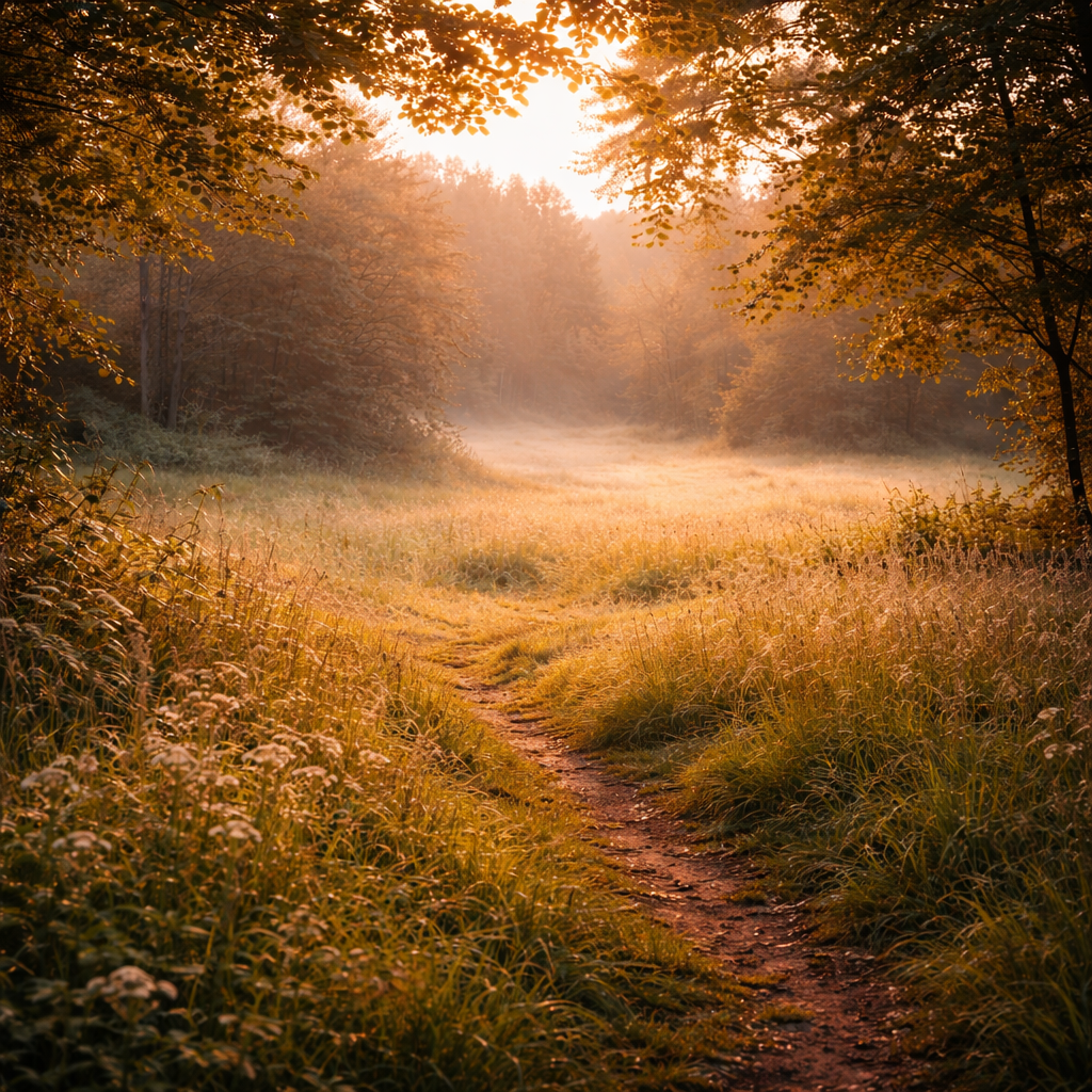 Chemin de campagne au lever du jour, symbole d’un voyage intérieur libre et autonome.