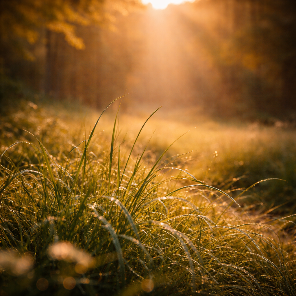 Lumière du matin sur l’herbe et la nature, invitation à la présence et à l’attention au moment présent.