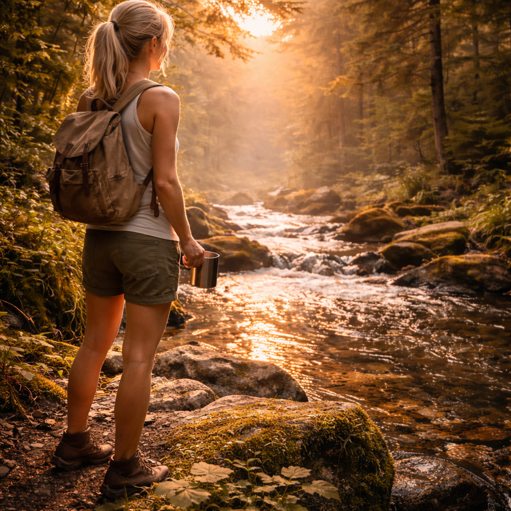 Micro-aventure consciente — Transformer le quotidien Femme marchant au bord d’un ruisseau en forêt, sac léger et tasse à la main, dans une ambiance paisible.