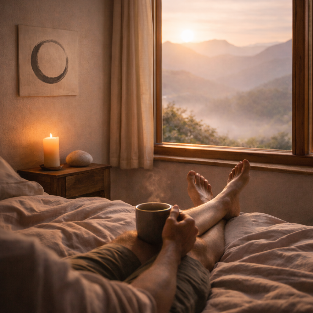 Voyage à règle unique — Une seule consigne, le reste s’ajuste Personne allongée paisiblement sur un lit face à une fenêtre ouverte sur la nature, ambiance douce et minimaliste.