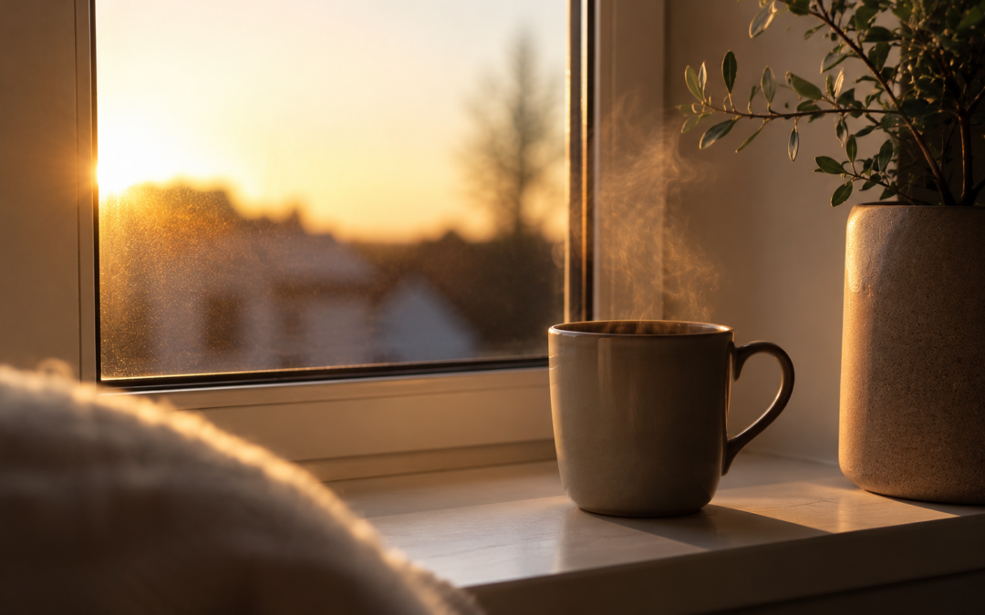 Première heure du matin : un café qui fume près d'une fenêtre, lumière douce de l'aube.
