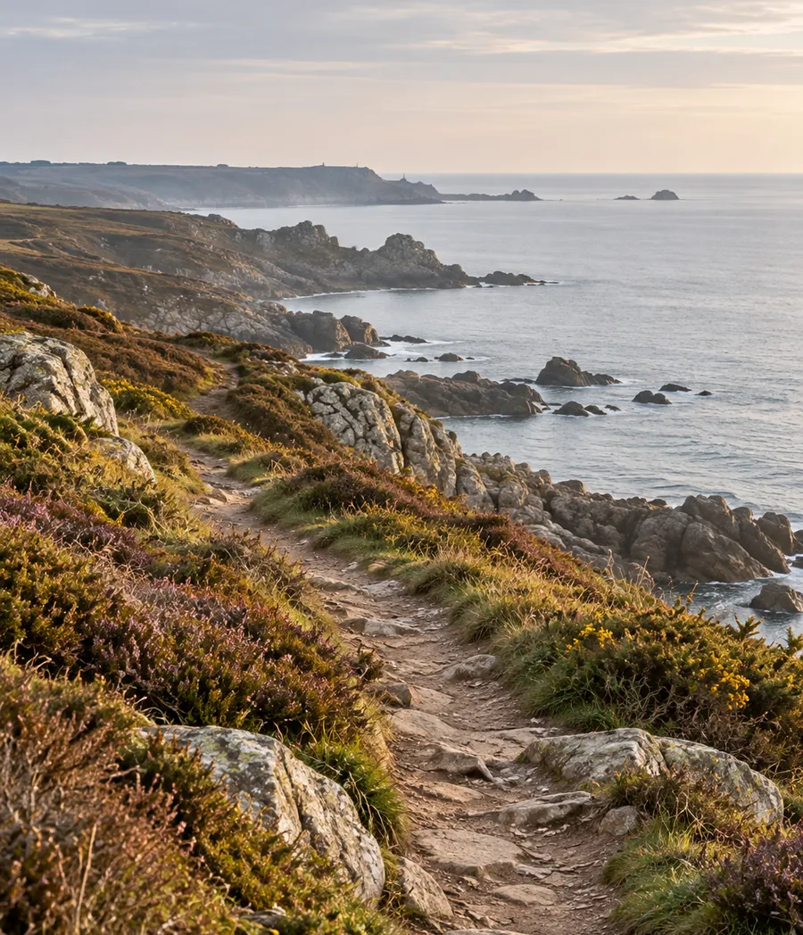 Sentier côtier longeant la mer, bordé de végétation, dans une lumière douce et naturelle