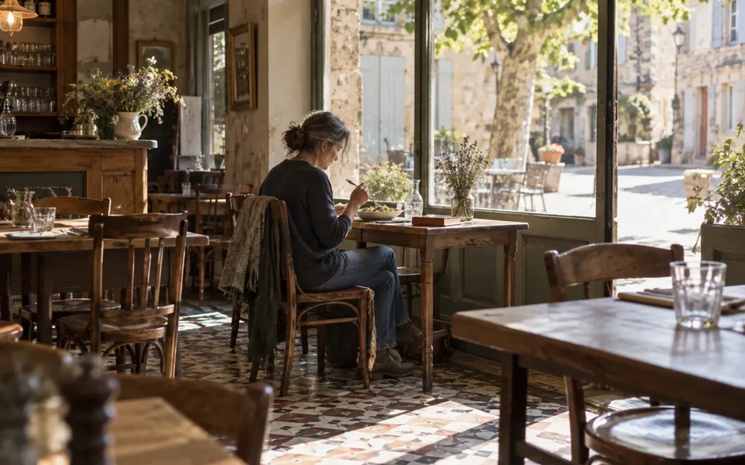 Femme seule attablée, lisant un menu, ambiance chaleureuse et intime