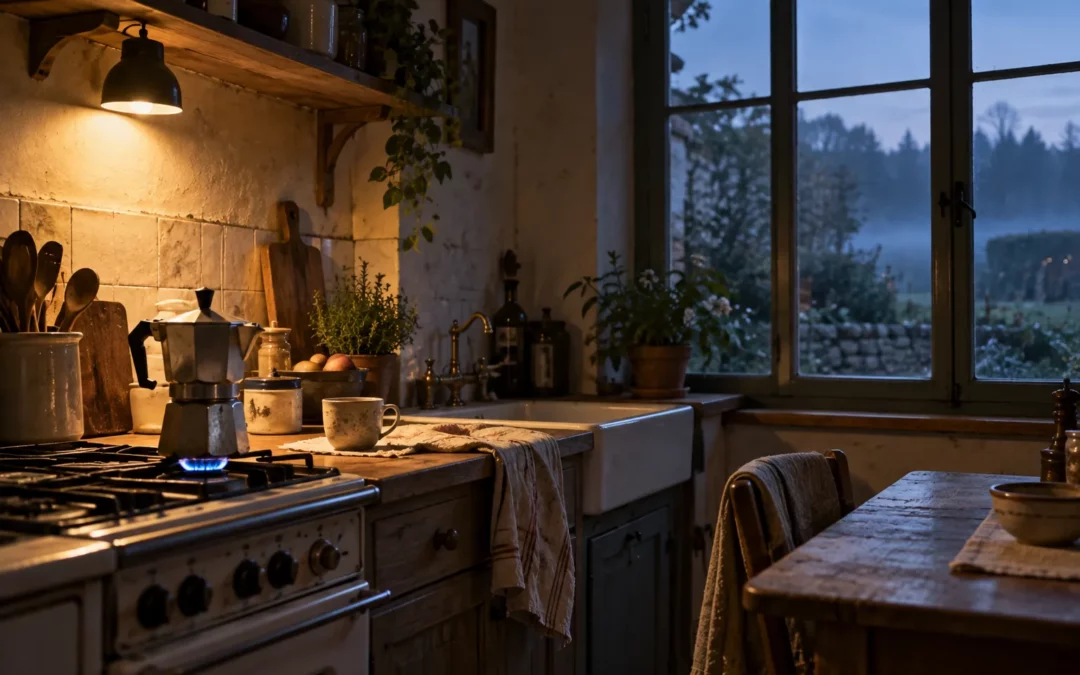 Première heure du matin : un café qui fume près d'une fenêtre, lumière douce de l'aube.